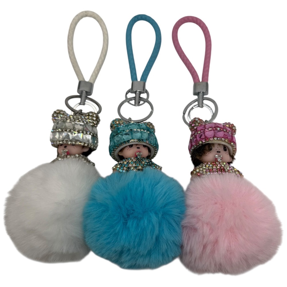 Cute Doll Fur Ball Keychain Rhinestone Hat Keychain Bag Charm‎ Gift
